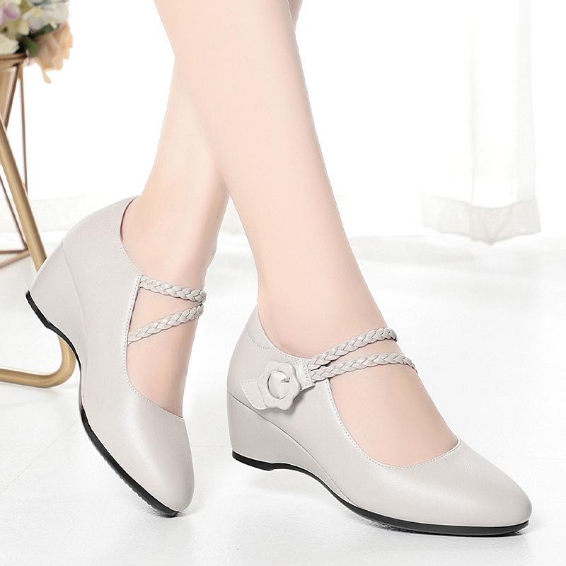 Women's Single Shoes with Buckle, Catwalk Shoes, Wedge Heels, Soft Leather and Soft Sole Shoes, Comfortable Shoes