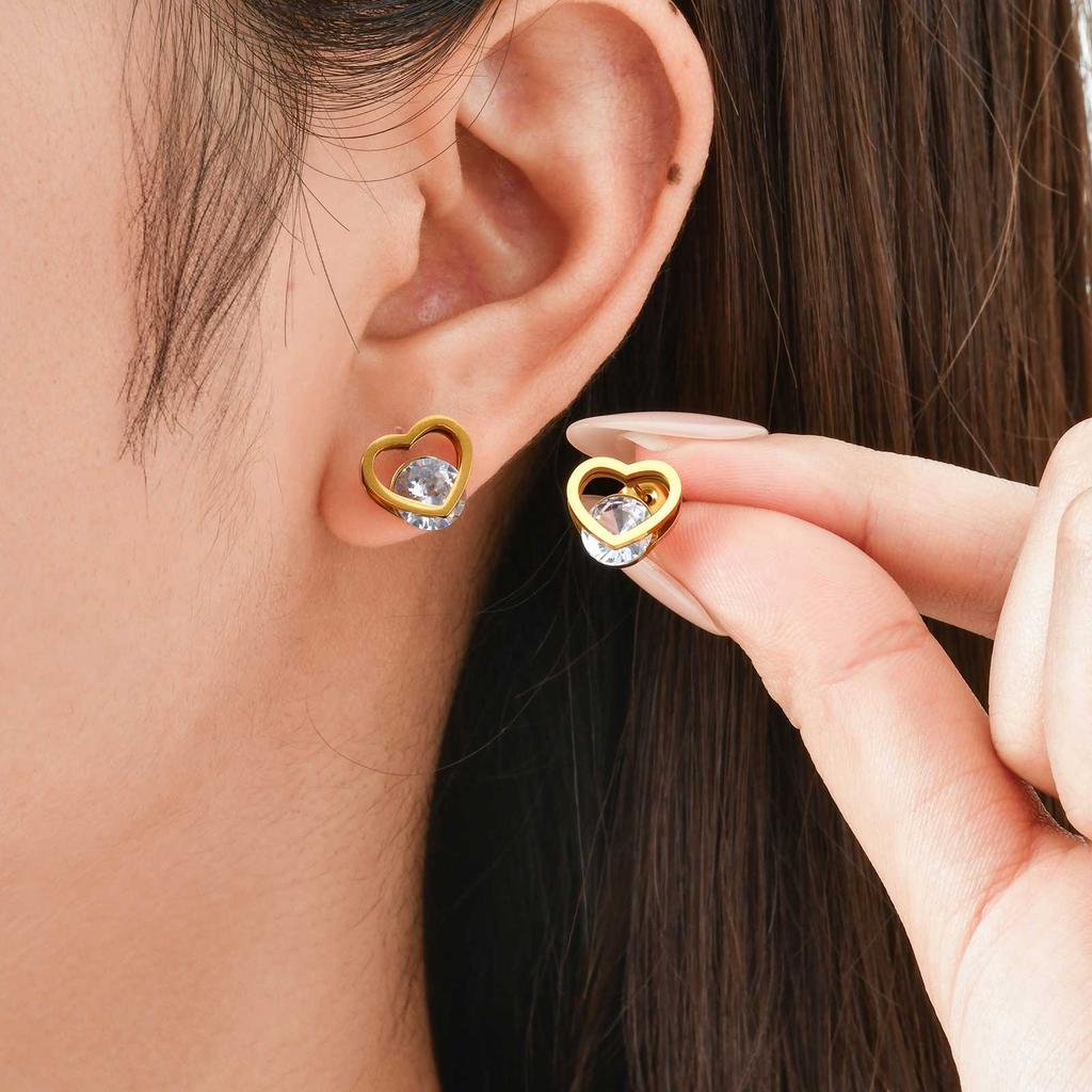 High Quality Shiny Zircon Heart Stud Earrings for Women, Stainless Steel Gold Color Earrings, Light Luxury Jewelry Gift