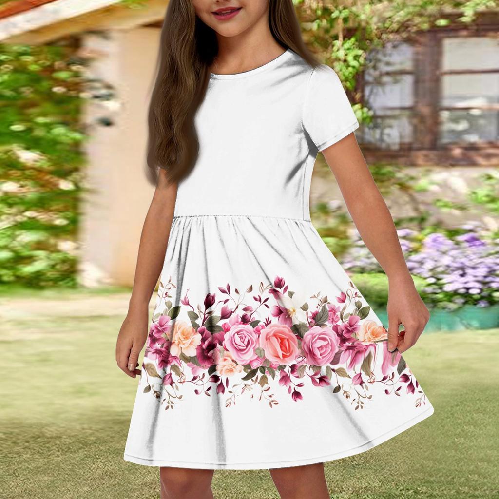 Летнее платье для девочек, однотонное платье без рукавов с принтом и карманом, повседневное платье, вечернее платье с короткими рукавами