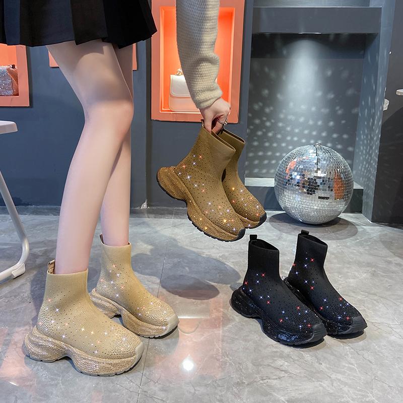 Fashion Crystal Flats Platform Ankle Sock Boots Women Shoes New 2024 Autumn Casual Fashion Women Boots Walking Travel Chaussures Femme