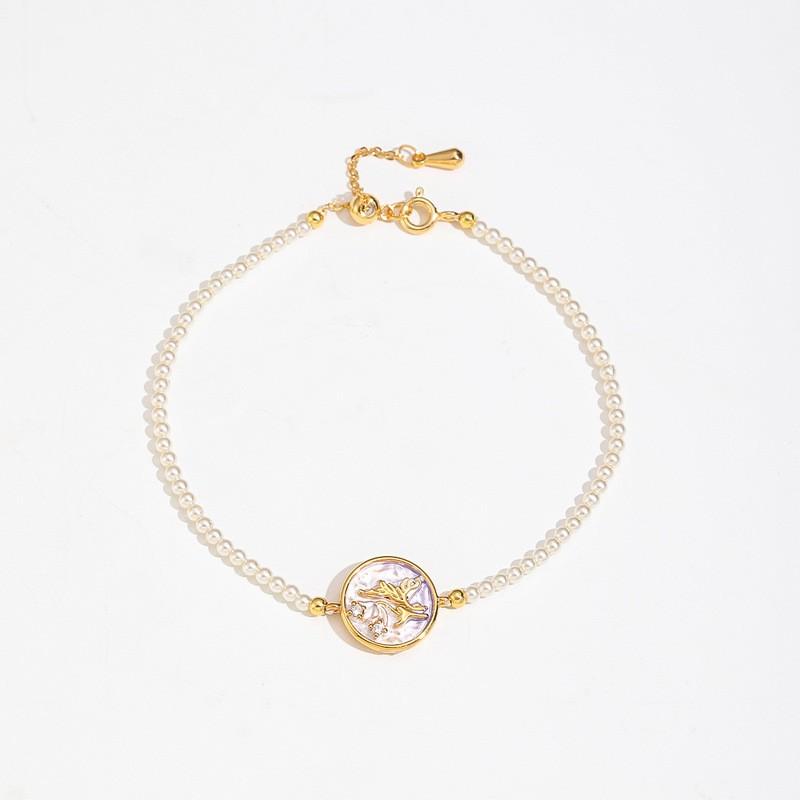 Elegant Glass Pearl Bracelet Women With Zircon Accents 18K Gold Plated Copper Geometric Floral Design