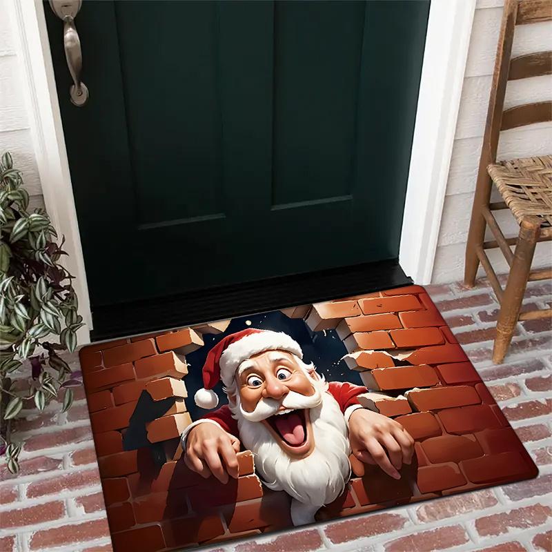 1pc of Quirky Santa Claus Printed Doormat, Water-Absorbent And Non-Slip Polyester Floor Mat, 3D Wall-Breaking Visual Effect Rug, Perfect for Christmas