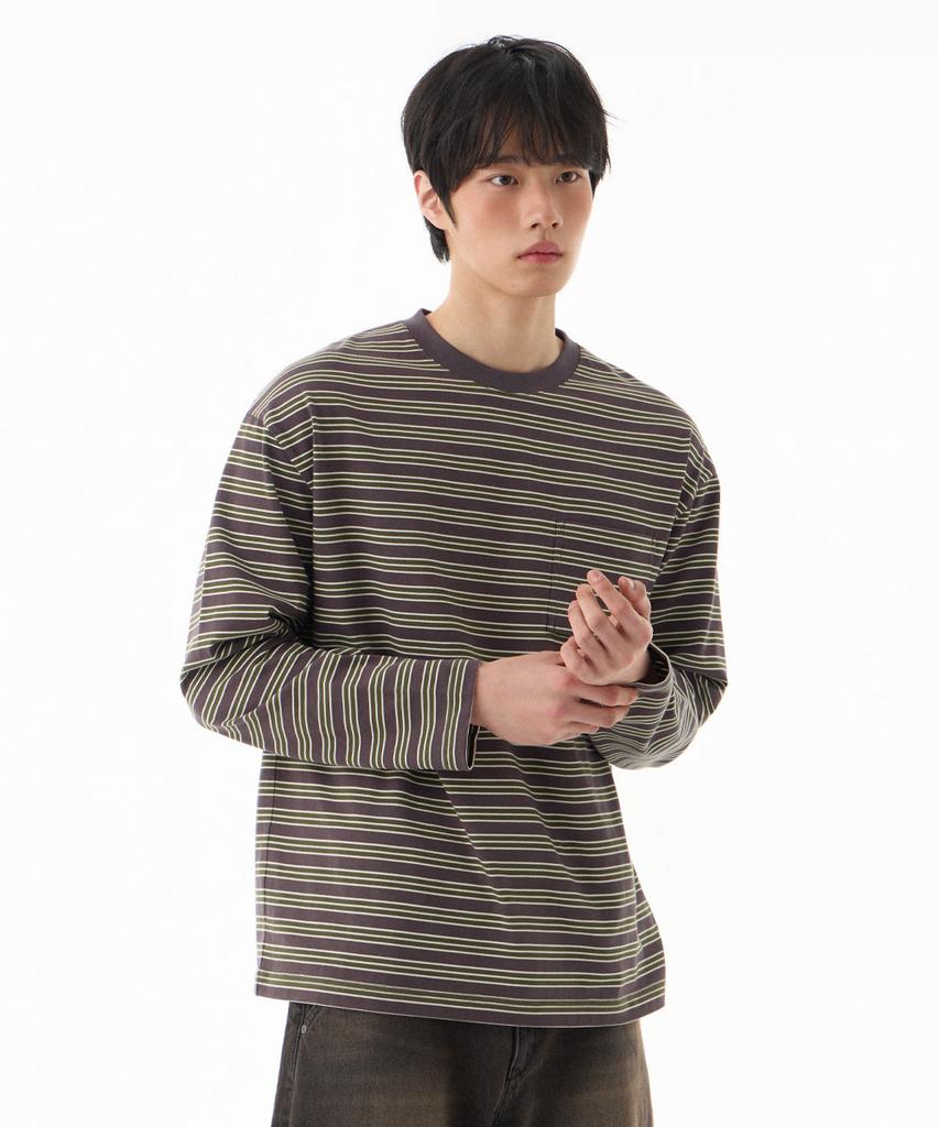 NOT ONLY FOR TODAY Multi-Stripe Pocket Long Sleeve T-Shirt [Dark Gray]