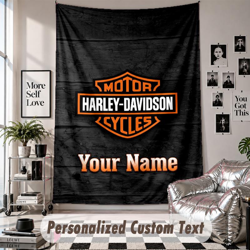 Wall Hanging Tapestry With Custom Name & Text, Harley-Davidson Decorative Tapestry For Bedroom