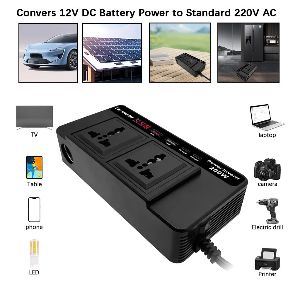 Автомобильный инвертор DC 12V в AC 220V, детектор напряжения, розетка AC с портом зарядки USB Type-C