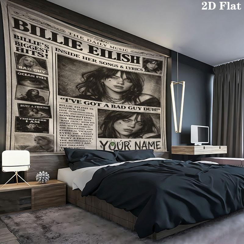 Billie Eilish Custom Name Wall Tapestry Aesthetic Wall Hanging Printed Fabric Blanket Decorative Tapestries for Bedroom Living Room Home Decor
