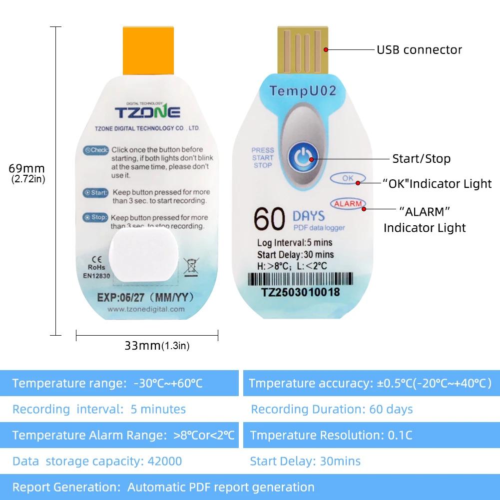 USB-регистратор температуры данных Одноразовый Запись температуры Емкость 18000 данных Логгер для морозильной камеры 60/90/120/180 дней Для хранения в холодовой цепи