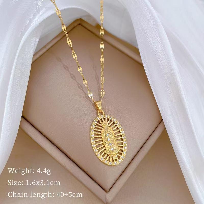 Gold Plated Mary Necklace CZ Inlaid Heart Choker Titanium Steel Religious Jewelry Gift for Women