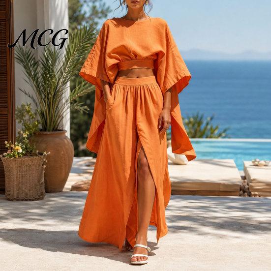 Solid Color Women Set Summer 2 Piece Outfits, Batwing Half Sleeve Crop Top Casual Outfit And High Slit Maxi Skirt Travel Vacation Matching Sets Spring