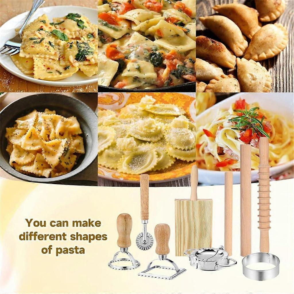 9Pcs Pasta Making Tools Set, Wooden Rolling Pin, Gnocchi Board, Ravioli Stamp Maker Cutter, Pastry C