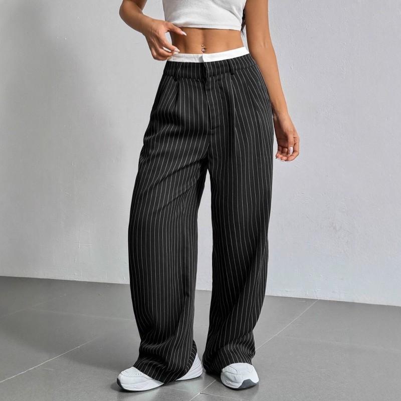 High-Waisted Wide-Leg Striped Trousers Women Office Chic Straight Cut Pants With Pockets Lightweight Stretch Fit