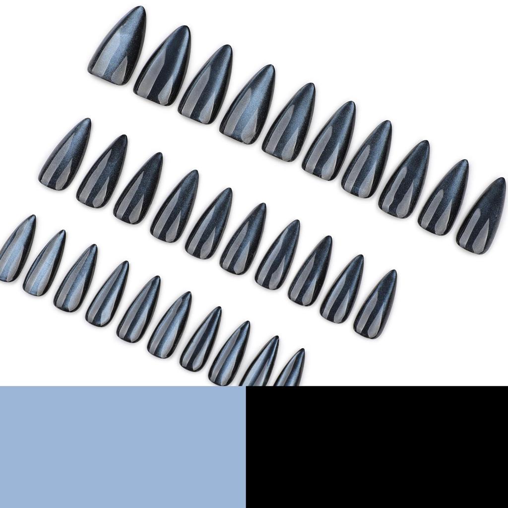 Упаковка из 30 штук: Синие накладные ногти "Кошачий глаз", миндалевидной формы, средней длины