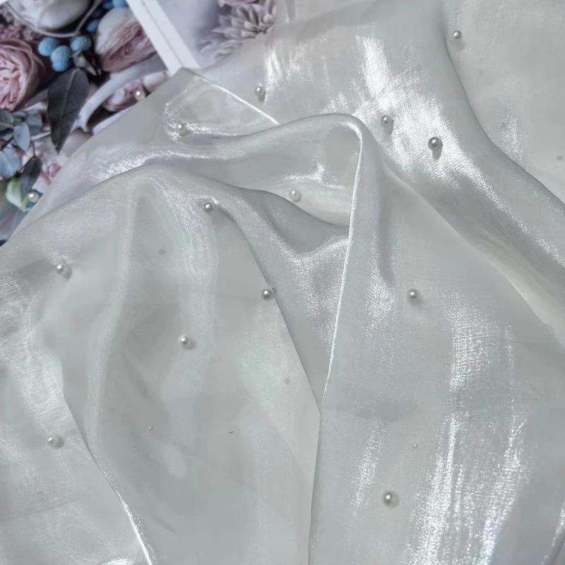 1 Yard Pearl Organza Fabric for Needlework Dress Children Skirts Wedding Diy Sewing Gauze Cloth Glossy Thin Smooth