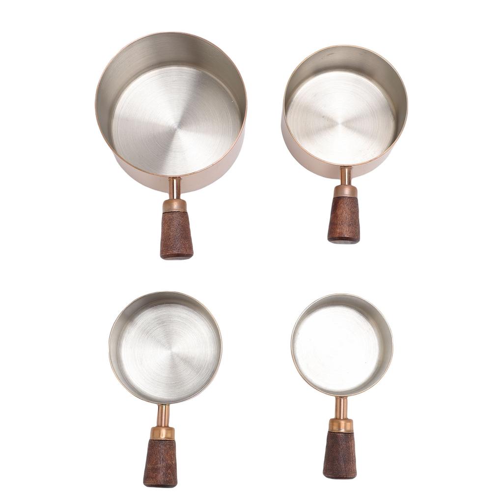 4pcs Stainless Steel Measuring Cup Stackable Condiment Cups Dipping Sauce Cups with Short Wooden Handle for Coffee