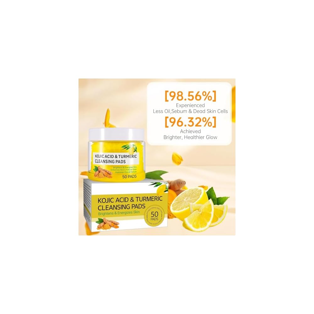 Turmeric Kojic Acid Cleansing Pads, 50Pcs Kojic Acid and Turmeric Cleansing Pads, Face Turmeric
