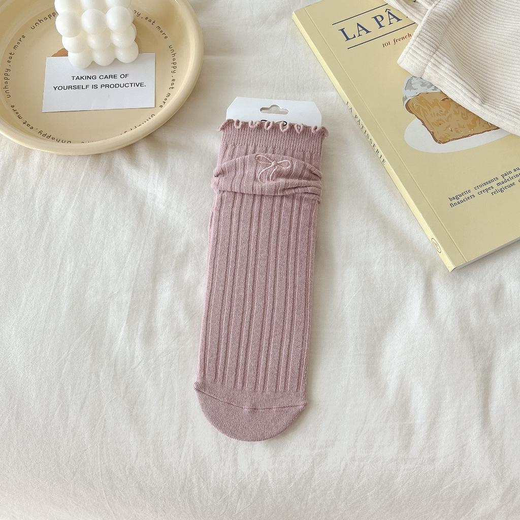 Женские носки Miu, женские хлопковые носки Mori с двойной иглой, с вышитым бантом и грибком, средние носки-трубы