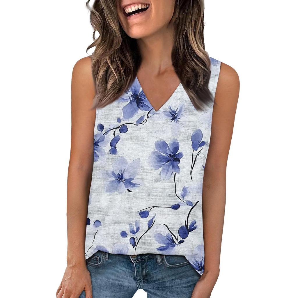Tank Top Women Casual Printed Soft Summer V Neck Sleeveless Tops