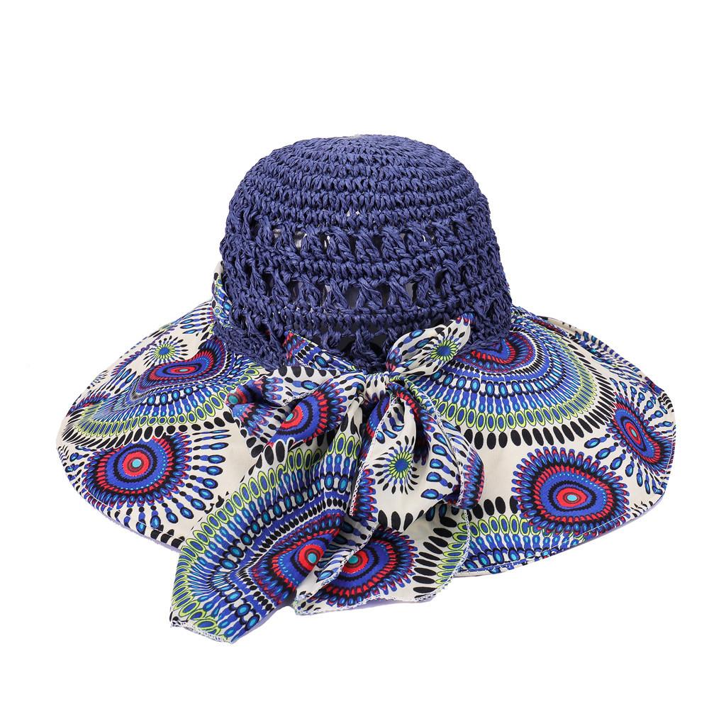 Fashion Sun Hat For Women Holiday Beach Straw Hat Female Hollow Printed Bow Summer Big Brim Hat Fold Uv Protection Floppy Hat