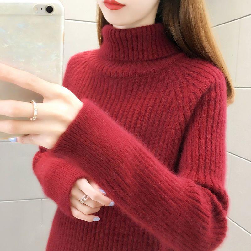 Плюшевый и утолщенный свитер с высоким воротом для женщин, корейская версия, свободный и ленивый вязаный свитер