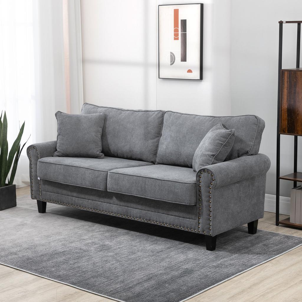 3-Seater Sofa with Aged Gold Studs Upholstered in Polyester with 2 Decorative Cushions 196x80,5x89 cm Grey