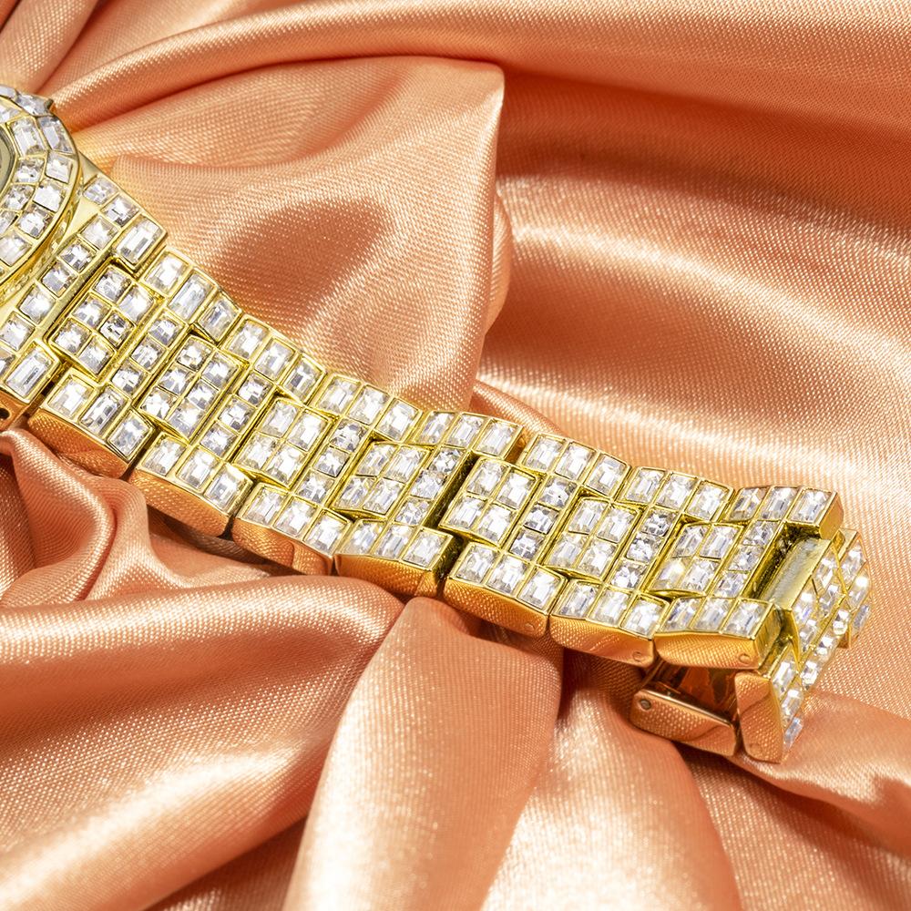 MISSFOX-Waterproof Calendar Luxury Full Diamond Square Diamond Мужские кварцевые часы в стиле хип-хоп