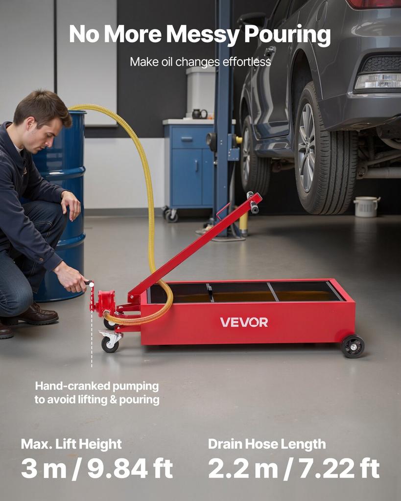 Low Profile Oil Drain Pan, 75.7 L Capacity, Rolling Oil Drain Pan with Manual Pump, 2.2 m Hose & T Folding Handle, Leak-proof & Corrosion-resistant,