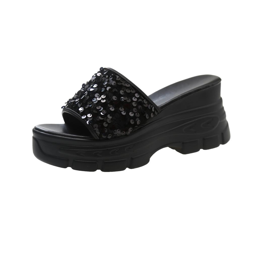 Тапочки на танкетке женские летние импортные новые с юбкой классные тапочки универсальные толстые тапочки с пайетками