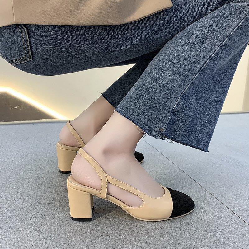 Summer New High-Heeled Square Head Horse Street Buckle Baotou Back Empty Metal Decorative Sandals Casual Leather Ladies Shoes