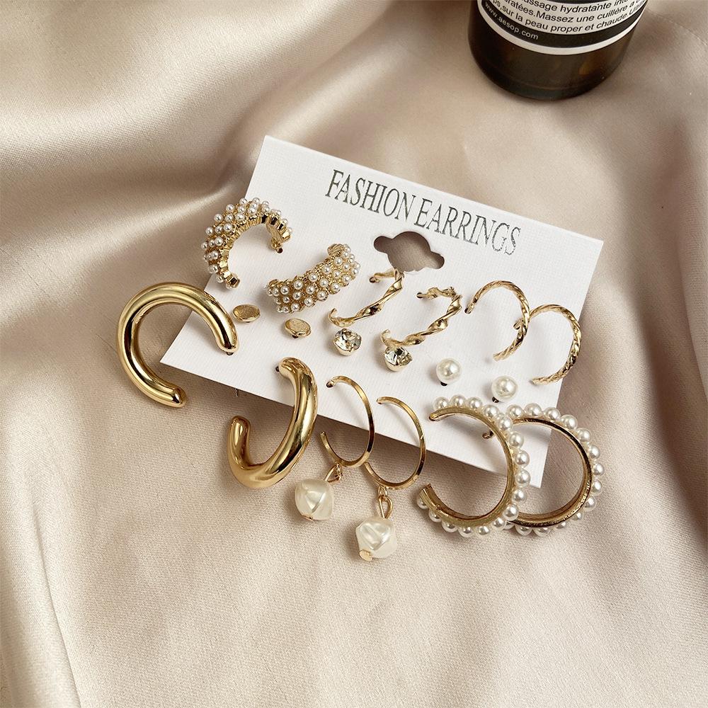 European and American Inlaid Pearl Women's Earrings Creative French Retro Gold Earrings Set 9-piece Set