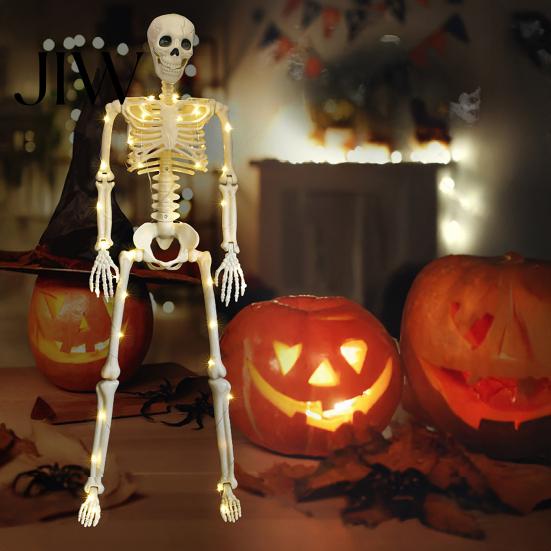 Creepy Window Display Decor 36 Inches LED Light Up Halloween Skeleton, 3FT Life Size Full Body Skeleton Props Posable Plastic Human Bones with Movable