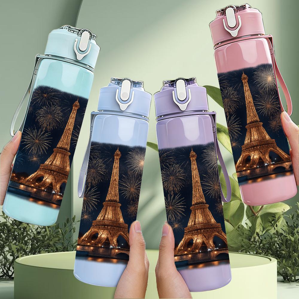 1PC Eiffel Tower Night Scene 750ml Color Plastic Sports Water Bottle Leakproof Flip Straw Lid For Sports Office Home Use