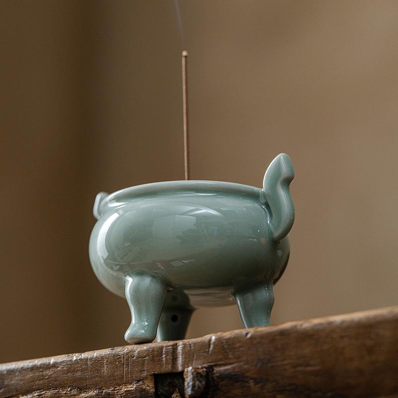 Celadon Ceramic Tripod Incense Holder for Home, Small Size, Ideal for Stick and Sandalwood Incense, Buddha Altar Supplies.