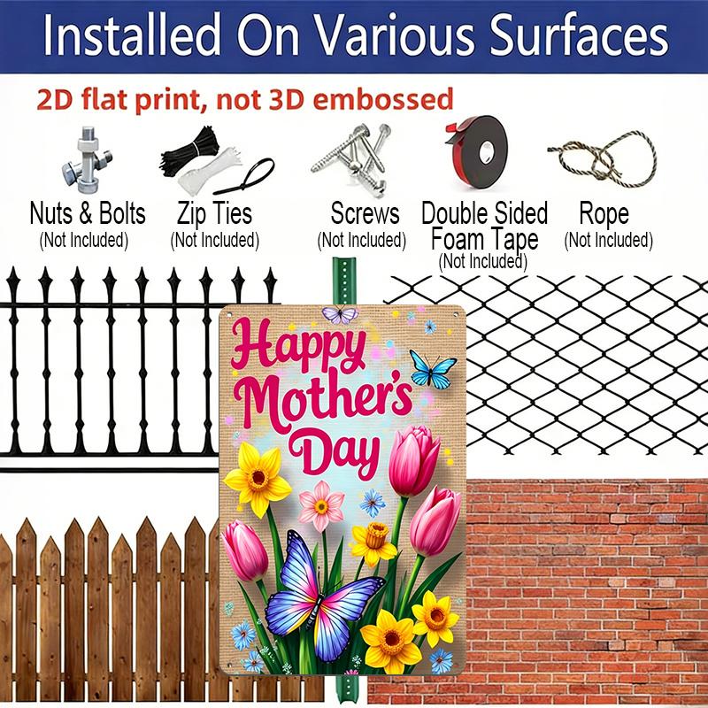 2D Flat, 1pc Floral Butterfly Mother's Day Metal Wall Art Sign "Happy Mother's Day" - 8*12 Inch Aluminium Rustic Home Decor, Outdoor Wall Art, Sweet