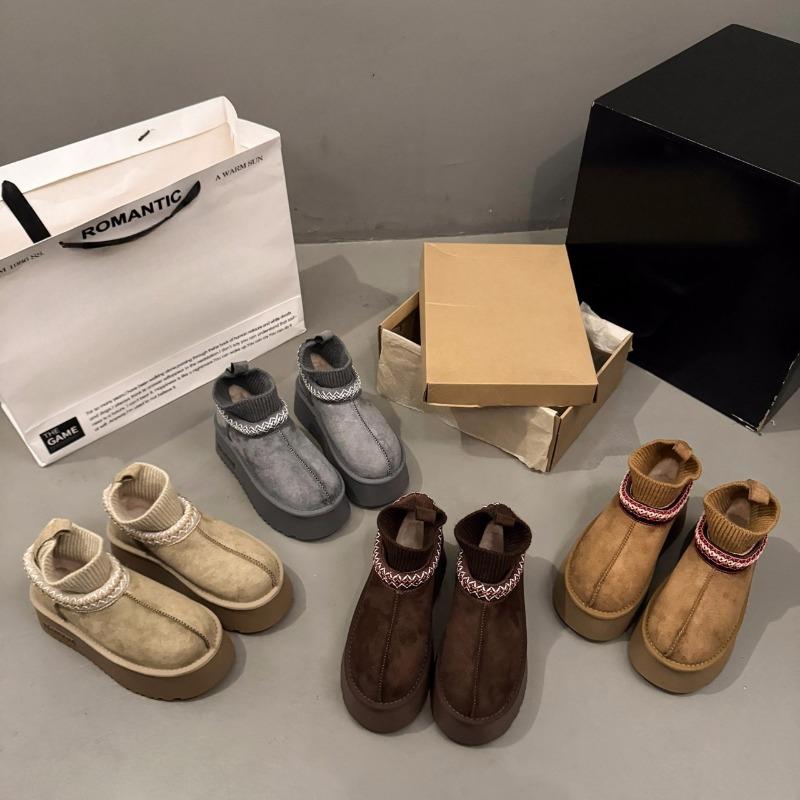 Европейские Вязаные Платформенные Ботинки в Этническом Стиле 2026 Большеголовый Хлеб Снежный Хлопок Ботинки Полусапожки Женская Обувь