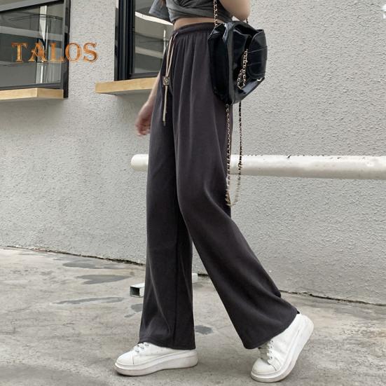 Женские брюки с эластичной резинкой и высокой талией, регулируемые длинные брюки с завязками, однотонные прямые широкие повседневные брюки для повседневной носки