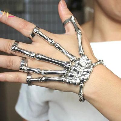Модный готический браслет со скелетом и косточкой руки с кольцом, унисекс, панк, регулируемый браслет, аксессуары для вечеринки на Хэллоуин