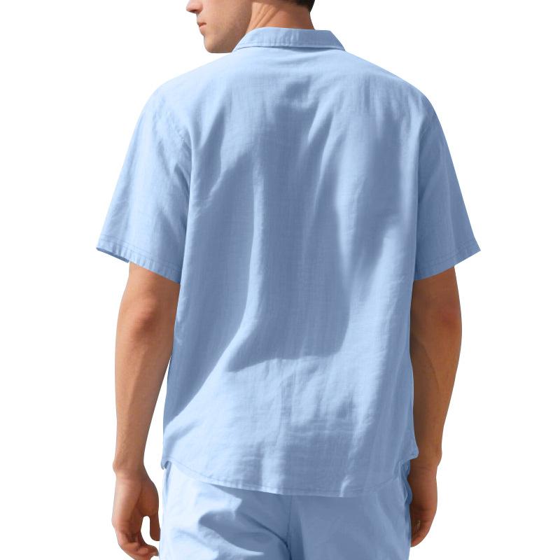 Мужская свободная повседневная однотонная льняная рубашка с коротким рукавом на пуговицах с нагрудным карманом