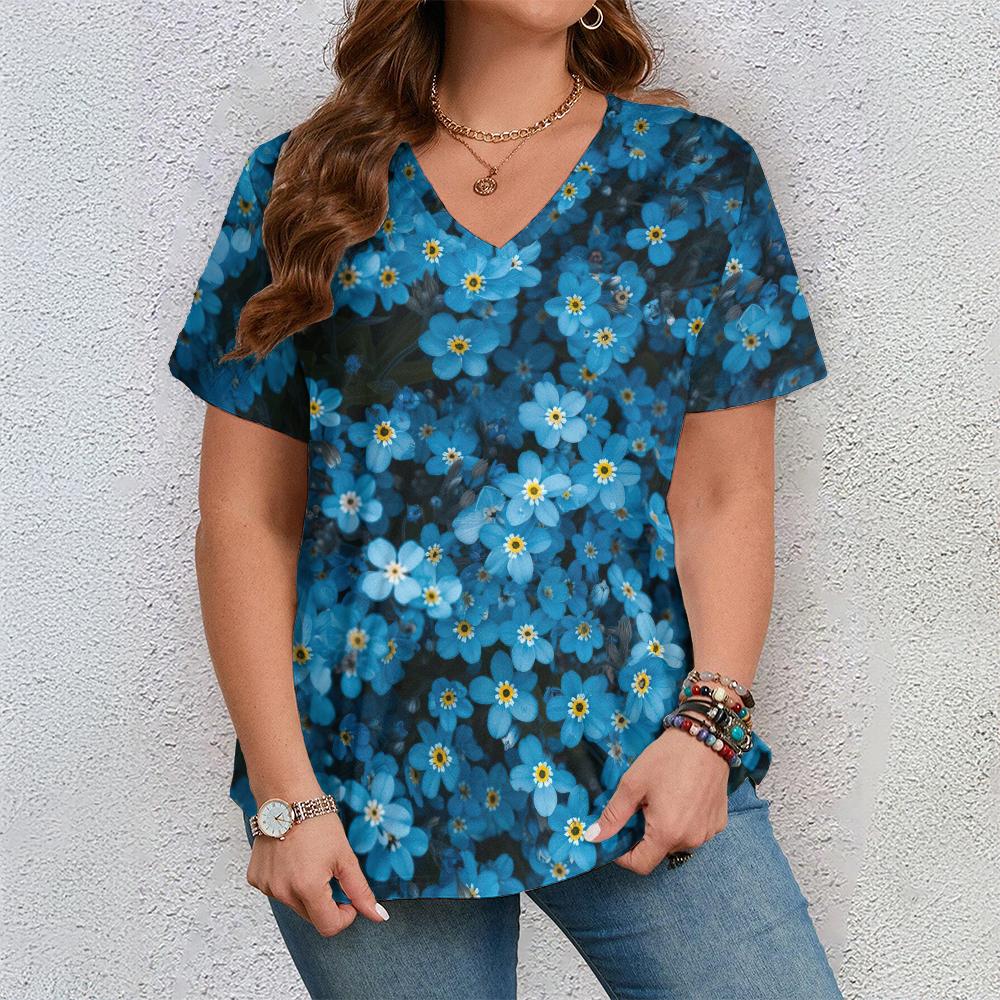 Women's Short Sleeve V Neck Tshirt Woman Fashions Loose Plus Size Clothing Colorful Flower Print Holidays T-Shirts Tops