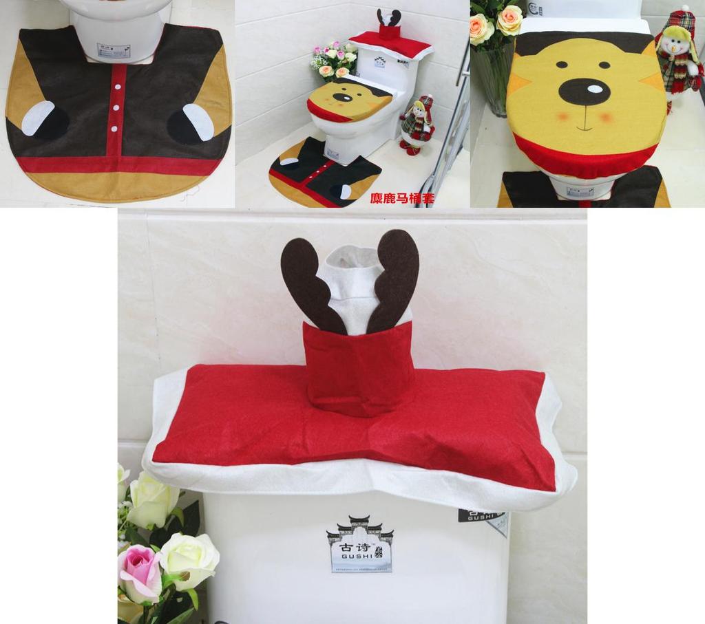 Festive Red And White Christmas Reindeer Toilet Seat Cover Set With Mat And Tank Lid For Holiday Cheer