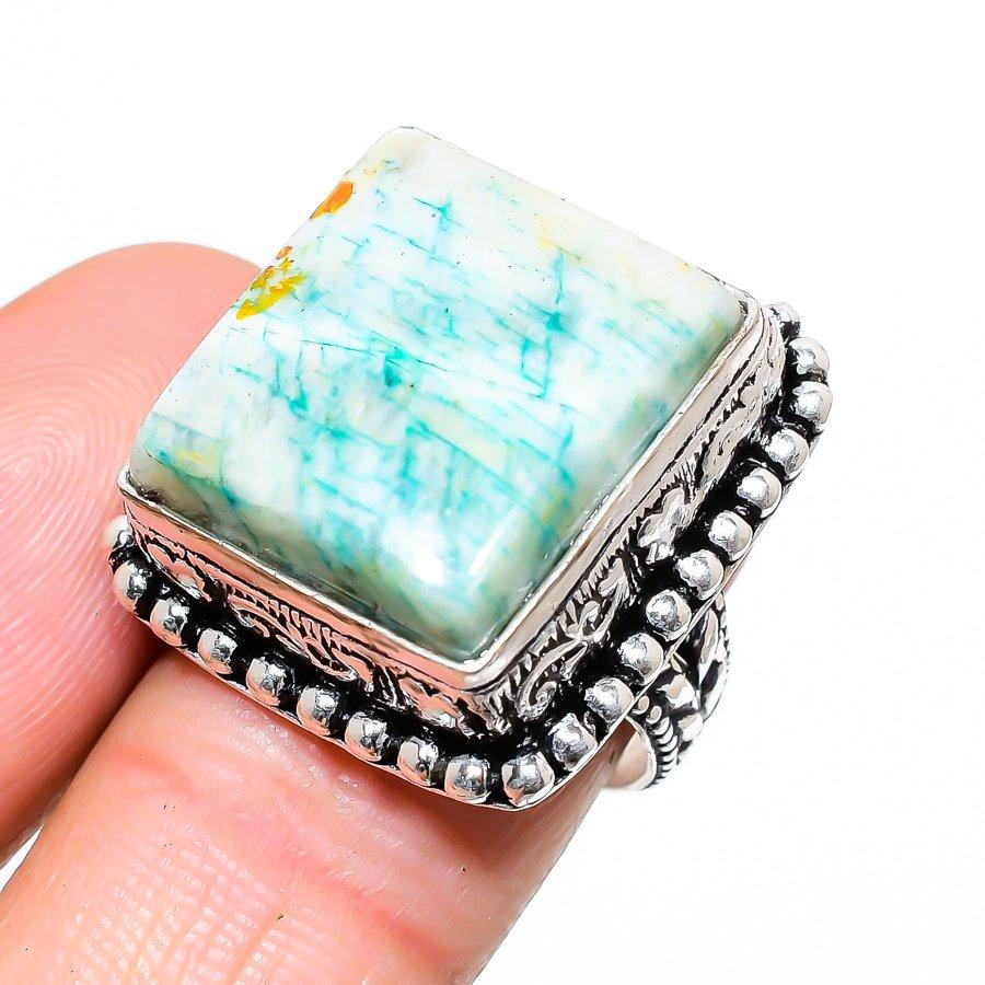 Амазонит Ручной работы Серебро 925 пробы Ювелирное кольцо Размер 7.5 f7Q86