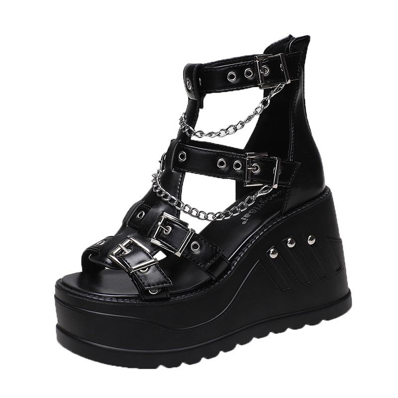 Fashion Women Wedges Sandals High Heel Gothic Punk Comfy Walking Zip Chains Fashionable Summer Platform Sandal Woman Shoes Large Size 43