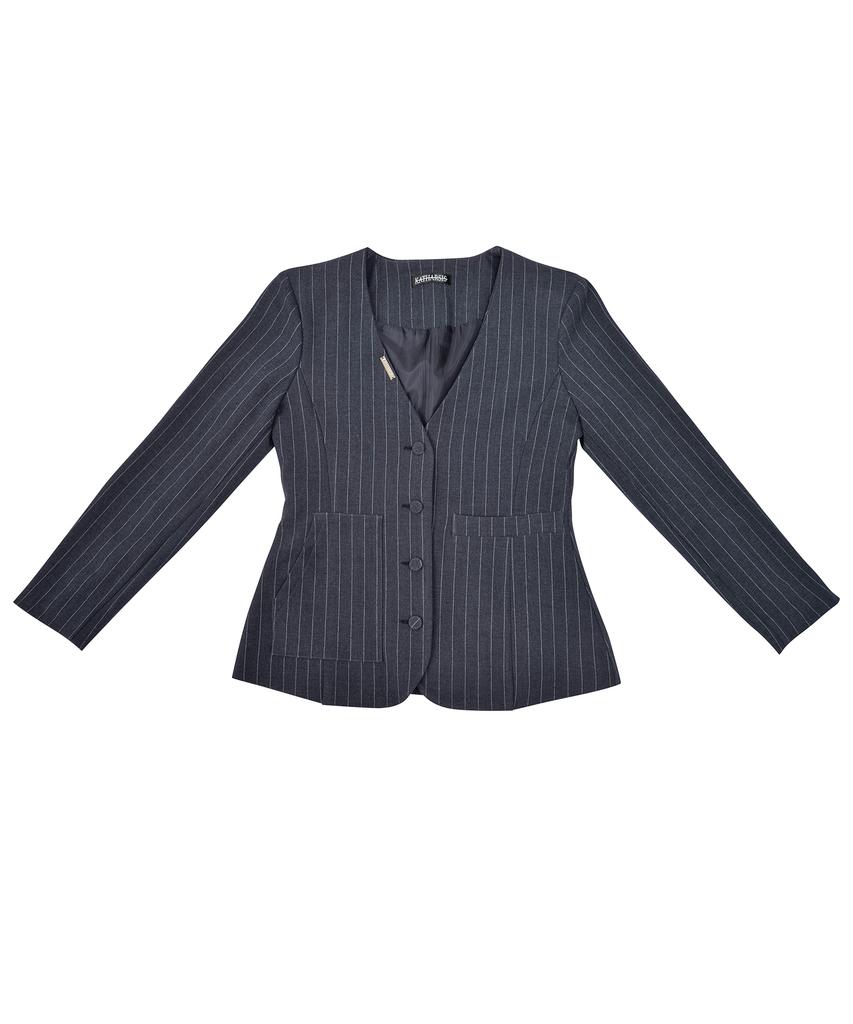 Katharsis Collarless Dress Jacket Navy Pinstripe Free