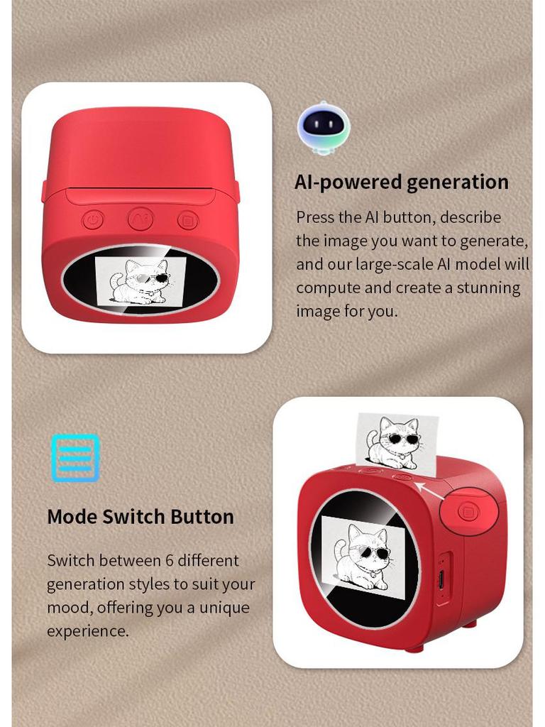 AI-Enhanced Children's Mini Printer with Screen for Voice Dialogue and Photo Stickers