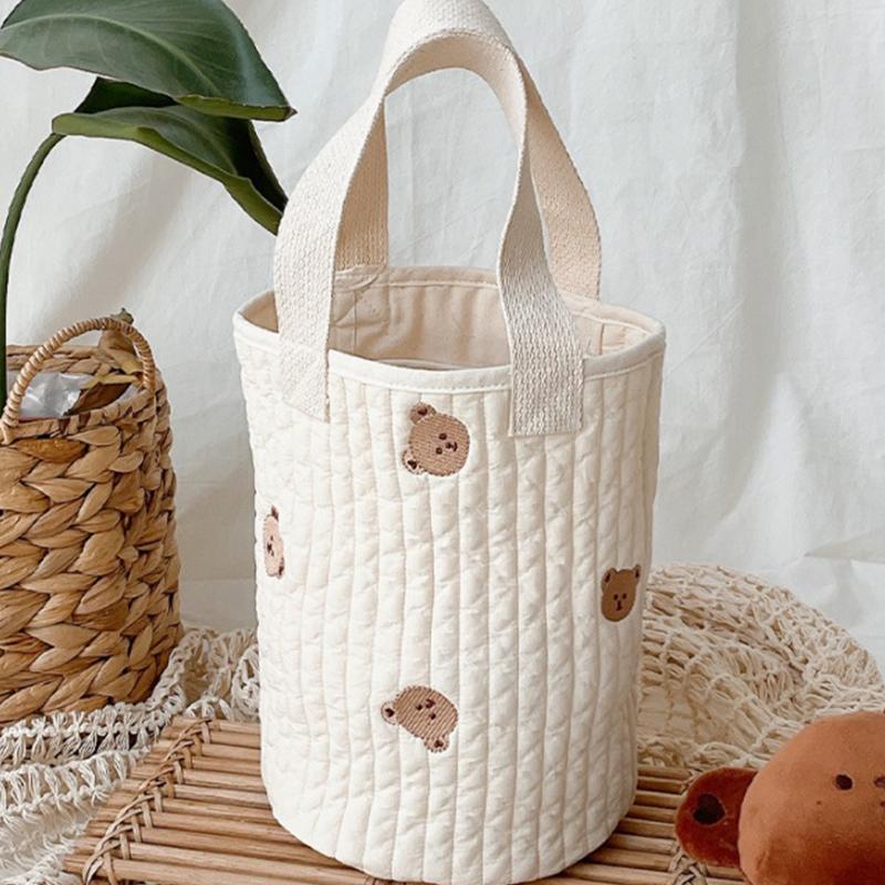 Baby Bottle Storage Bag Pure Cotton Bucket Shape Cute Embroidery Diaper Caddy Organizer for