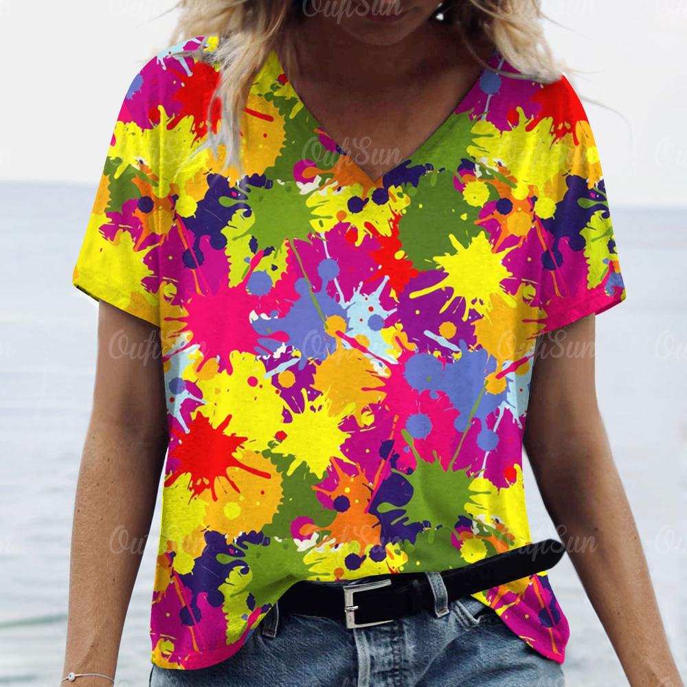 2025 Летние футболки с V-образным вырезом и ярким принтом для женщин, 3D цветочная эстетика, повседневные топы оверсайз, модный Харадзюку