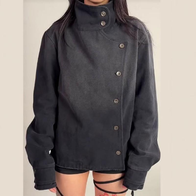 Womens Stand Collar Fencing Jacket Fall Winter Fashion Streetwear Single-Breasted Denim Blazer