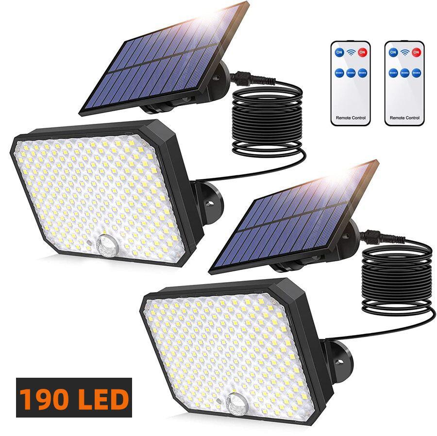 190 светодиодный солнечный свет, уличный датчик движения, IP65, водонепроницаемый аварийный настенный светильник, яркий прожектор, охранное освещение для гаража, сада