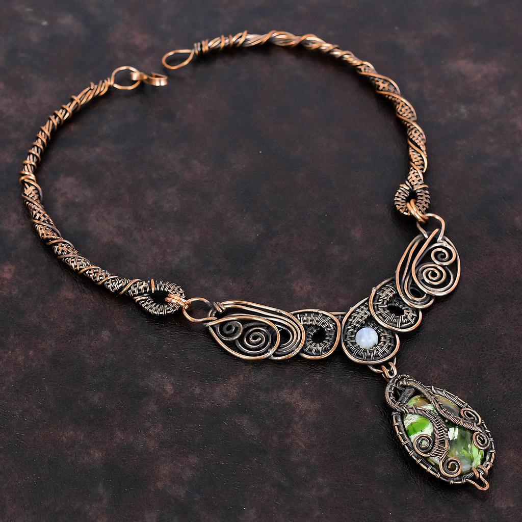 Australian Chrome Chalcedony Necklace Copper Wire Wrapped Necklace Rainbow Moonstone Gemstone Necklace Handmade Copper Jewelry Gift For Wife