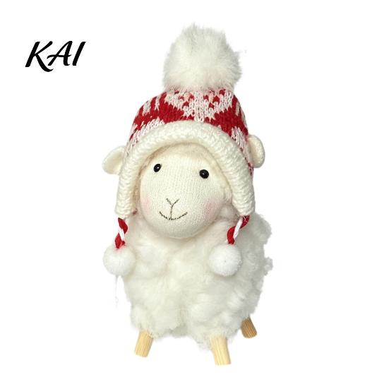 Soft Fabric Animal Figurines Plush White Sheep Christmas Ornament, Cute Knit Hat Lamb Tabletop Decoration, Desktop Festive Ornaments