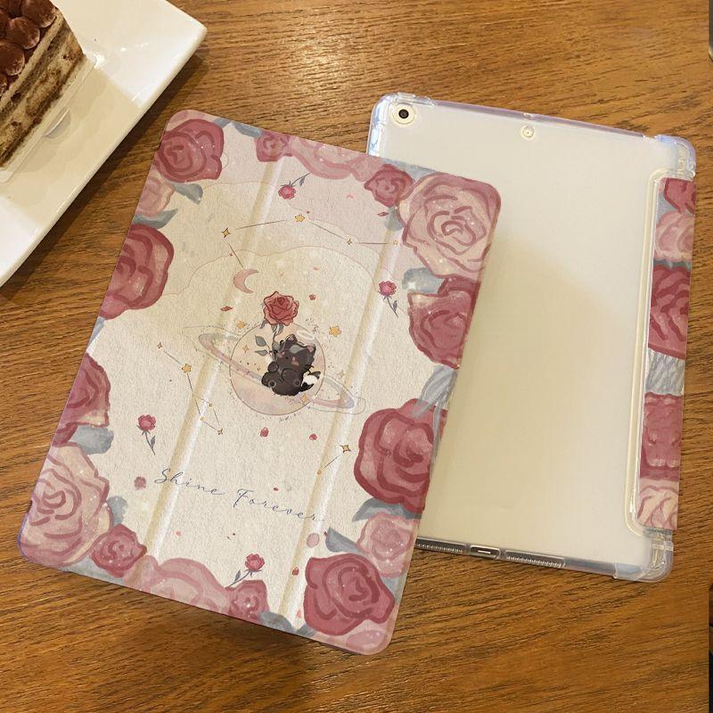 For IPad Pro 12.9 21/20/19 Rose Planet Air4/5 10.9 Air 3 10.5 Air2/1 2017/2018 Gen5/6 9.7 Flip Stand Silicone Protective Case Cover with Pen Slot
